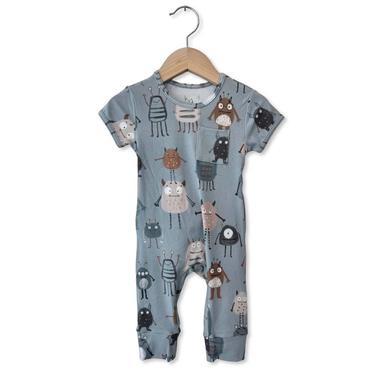 Blue Little Monsters Short Long Romper Luxe Edition | Cotton Bamboo Blend
