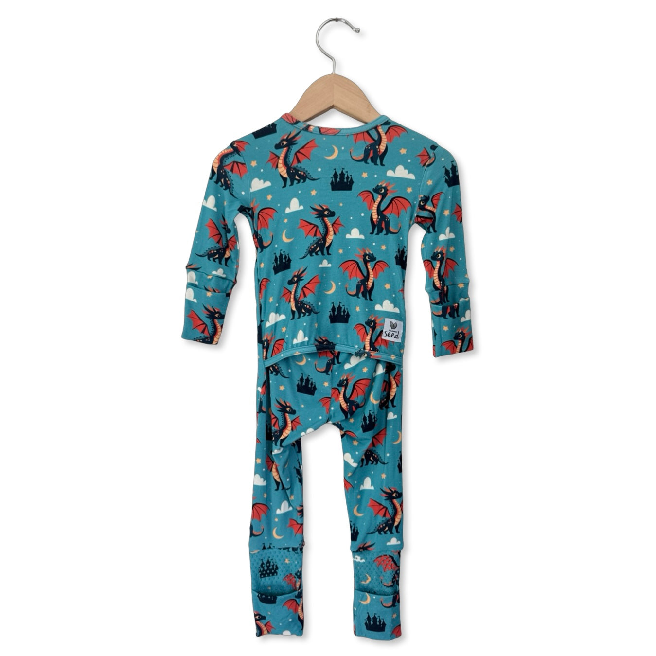 Children's onesie with fox pattern on a hanger against a white background