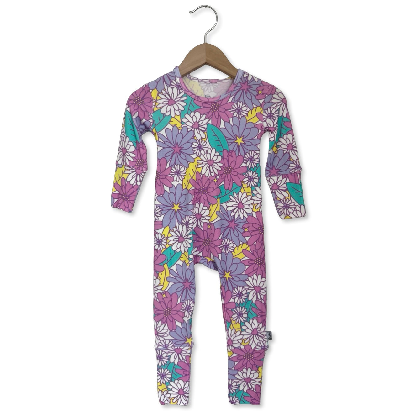 Floral-patterned baby onesie on a hanger against a white background