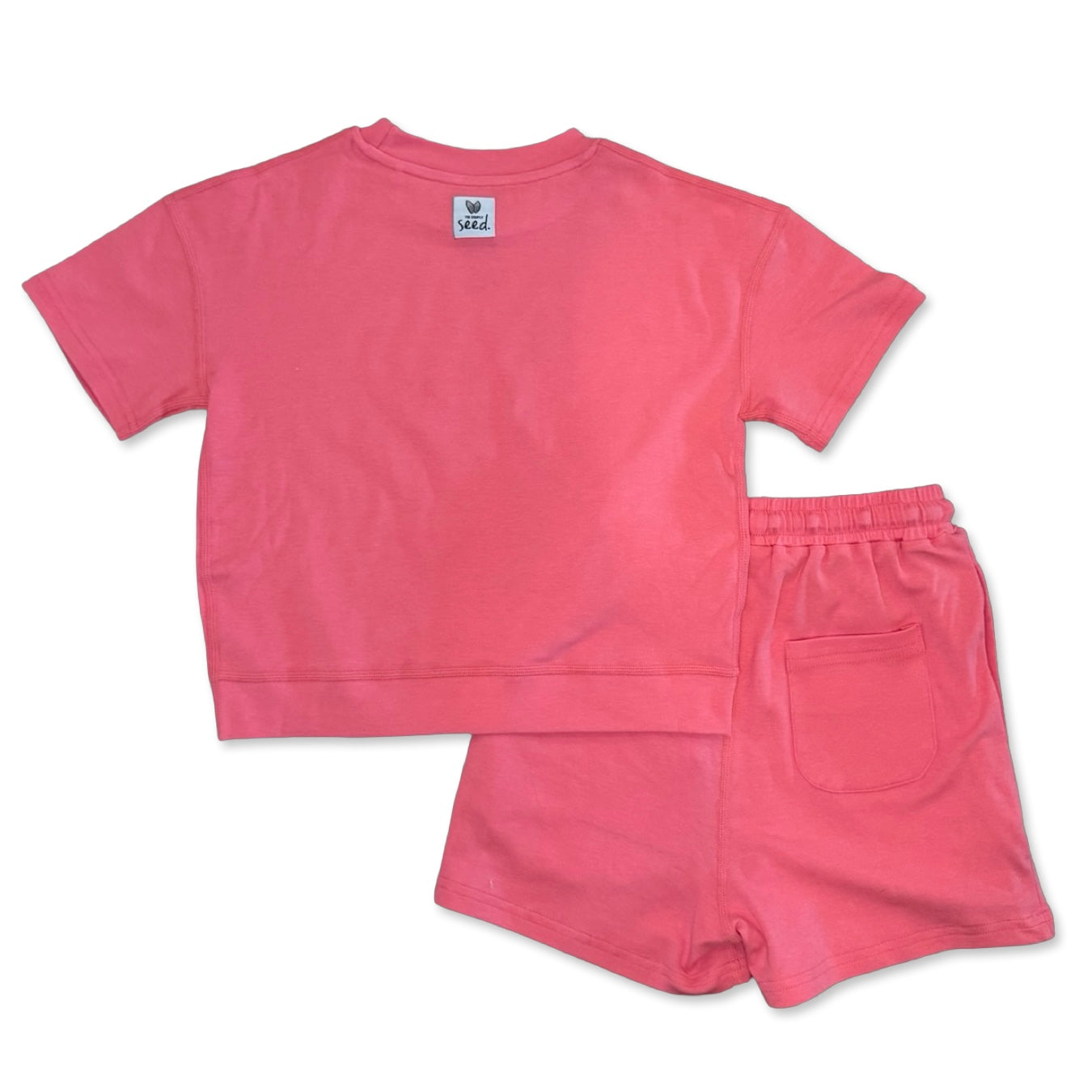 Pink t-shirt and shorts set on a white background