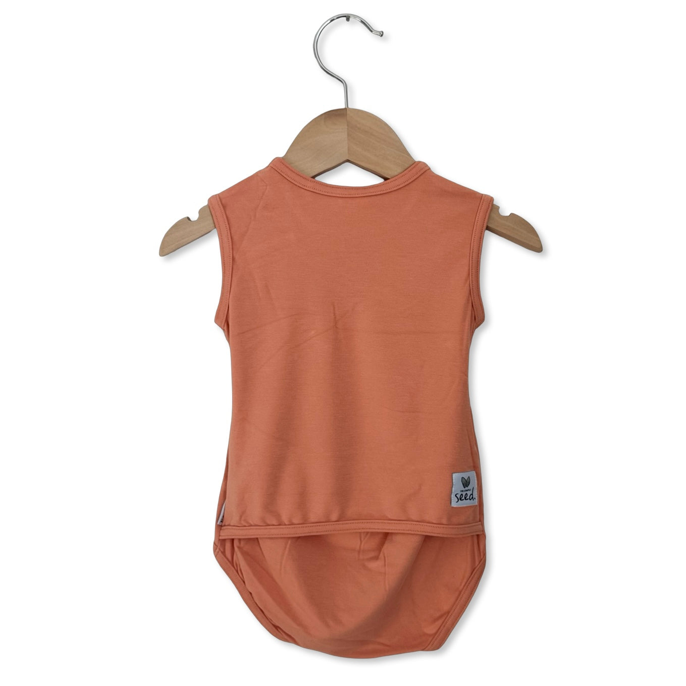 Brown sleeveless top on a hanger against a white background