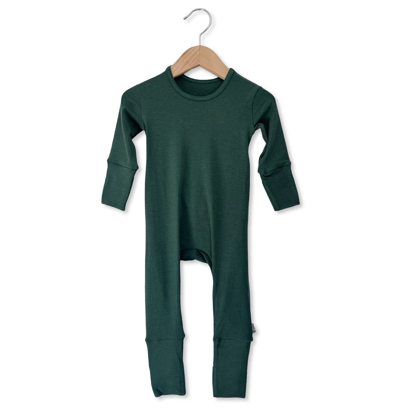 Green baby onesie on a hanger against a white background