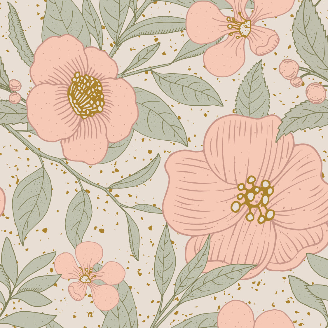 Floral pattern with pink flowers and green leaves on a light background