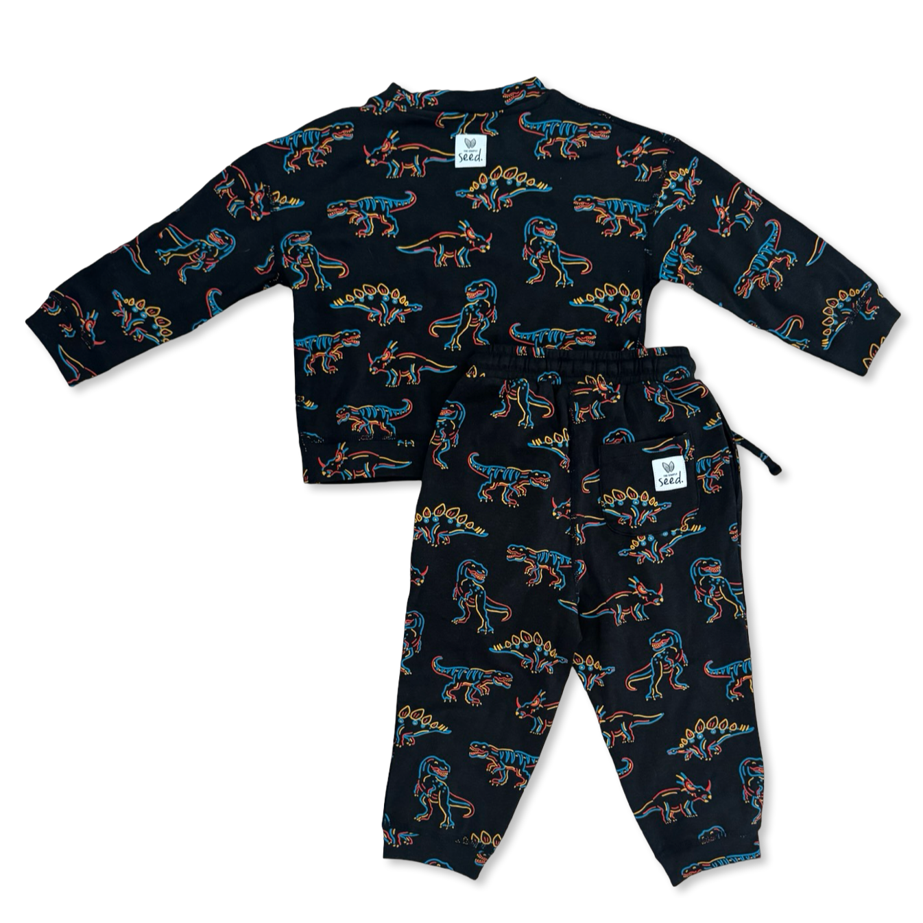 A two-piece children's pajama set featuring a long-sleeve top and matching pants in black, both covered in a colorful dinosaur print. The print features dinosaurs in shades of blue, orange, and yellow.