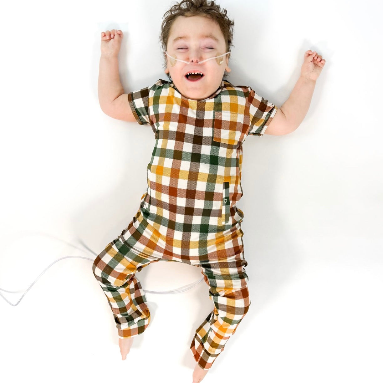 Autumn Plaid Adaptive Tube Access Short Long Romper