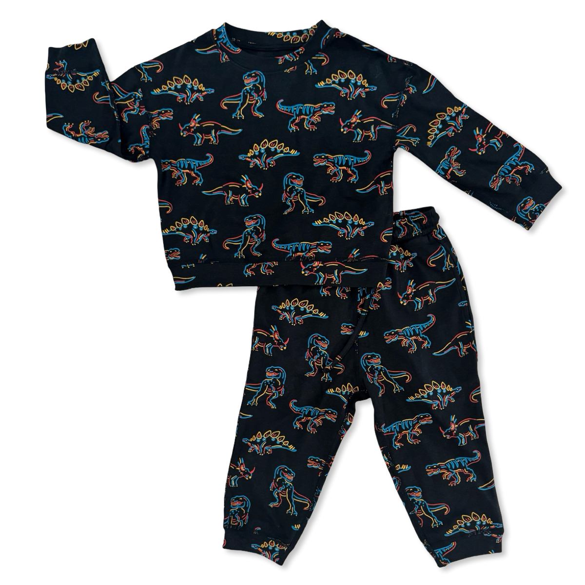 A two-piece children's pajama set featuring a long-sleeve top and matching pants in black, both covered in a colorful dinosaur print. The print includes various dinosaurs in shades of blue, orange, and yellow.