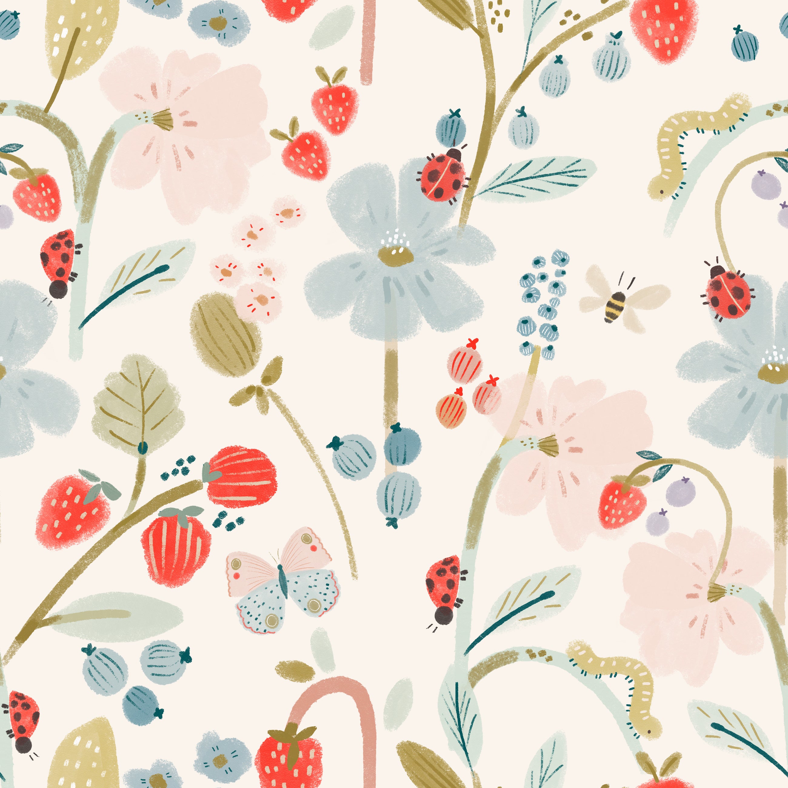 Pattern of flowers, leaves, and small creatures on a light background