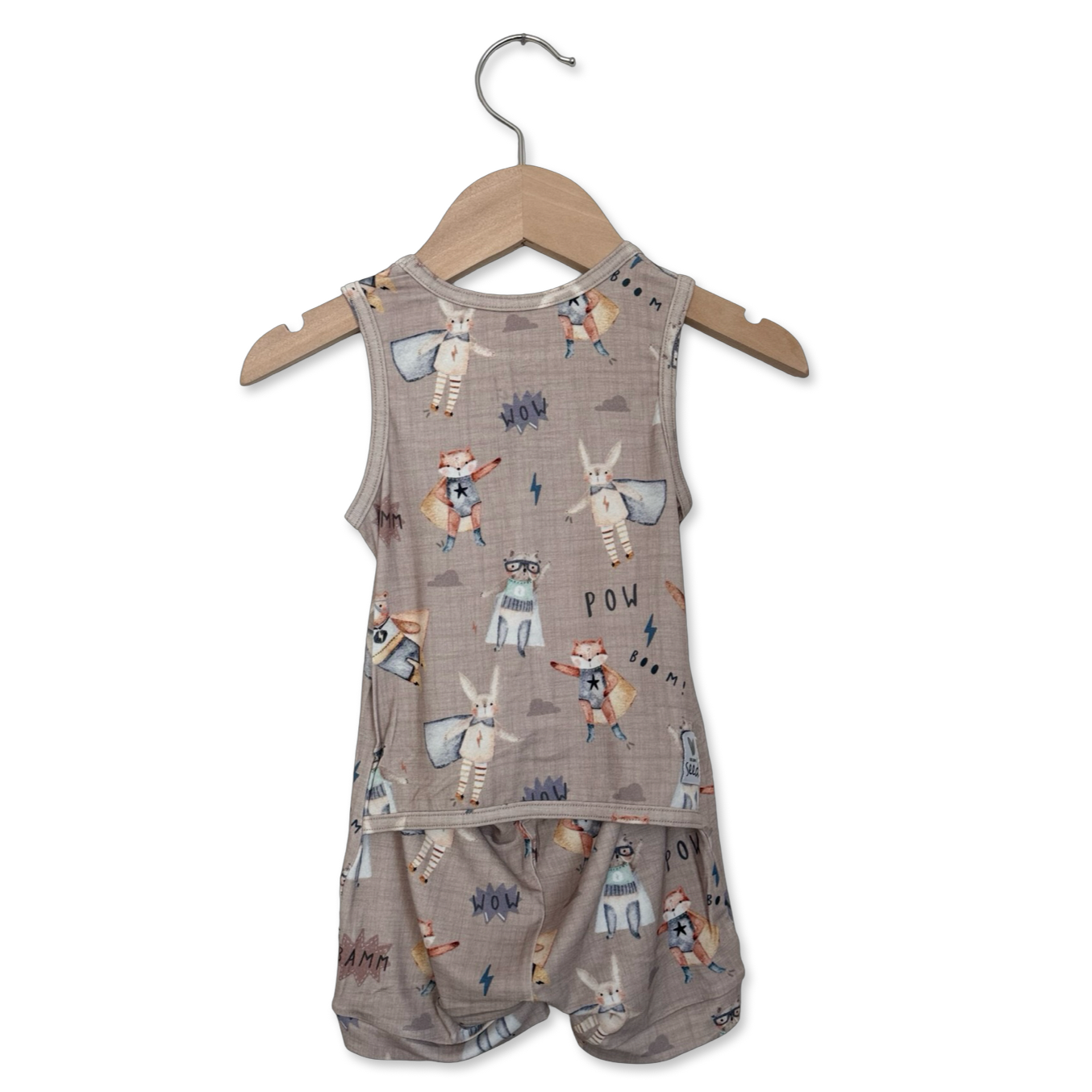 Children's sleeveless top and shorts set with animal print on a hanger against a white background