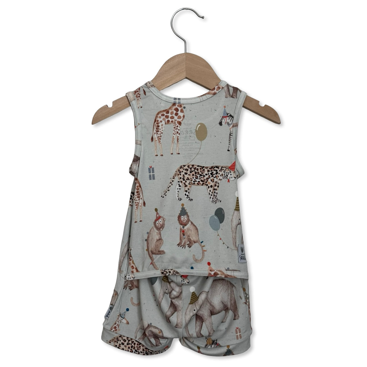 Children's sleeveless top and shorts set with animal print on a hanger against a white background
