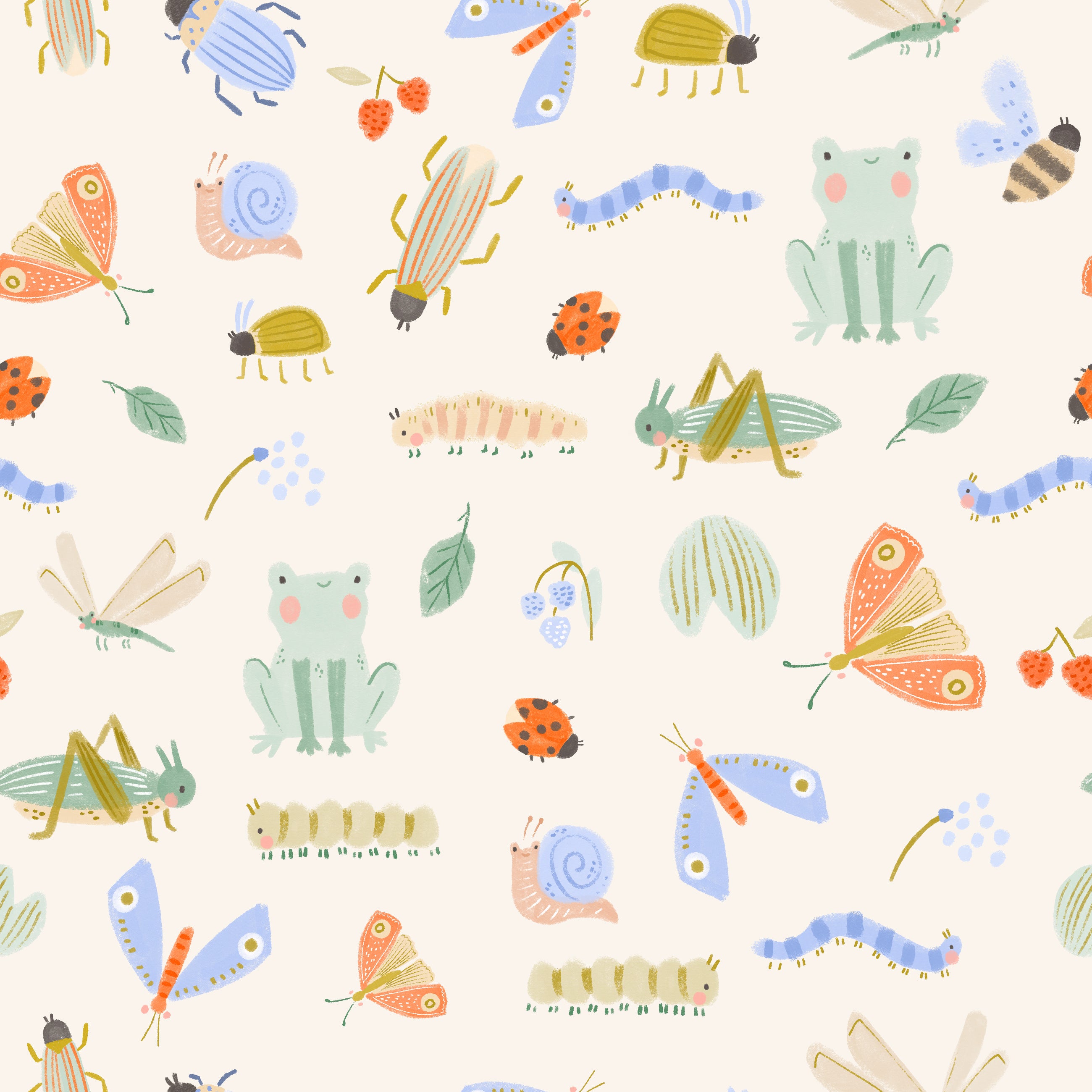 Pattern of colorful insects and animals on a white background