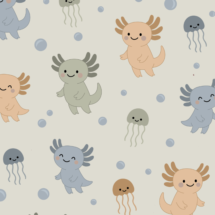 Pattern of cartoon axolotls, jellyfish, and other sea creatures on a light background.