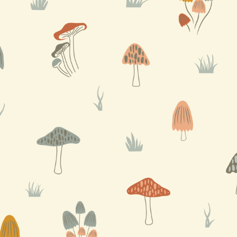 Pattern of stylized mushrooms and grass on a beige background