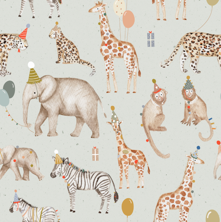 Pattern of party animals with balloons and hats on a light blue background