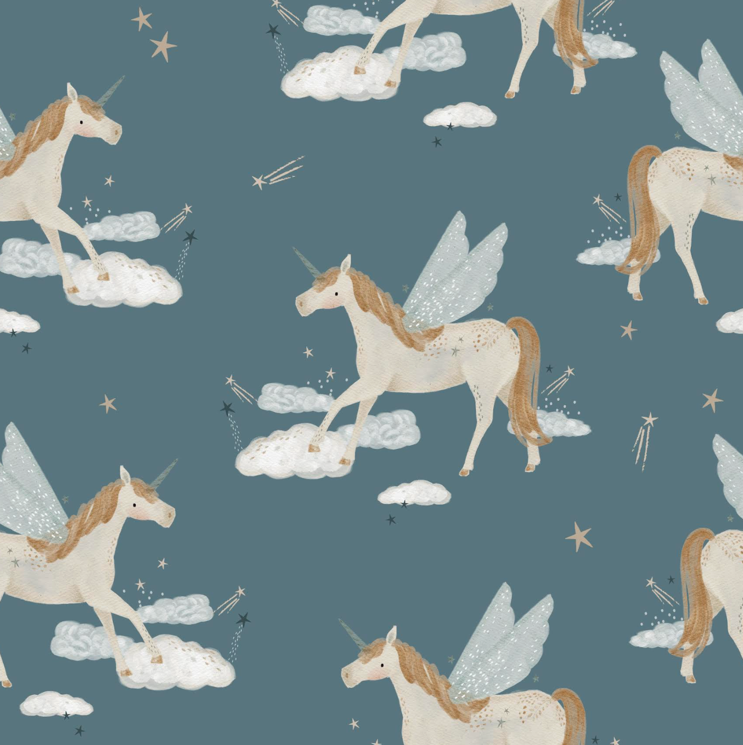 Pattern of unicorns with wings and stars on a blue background