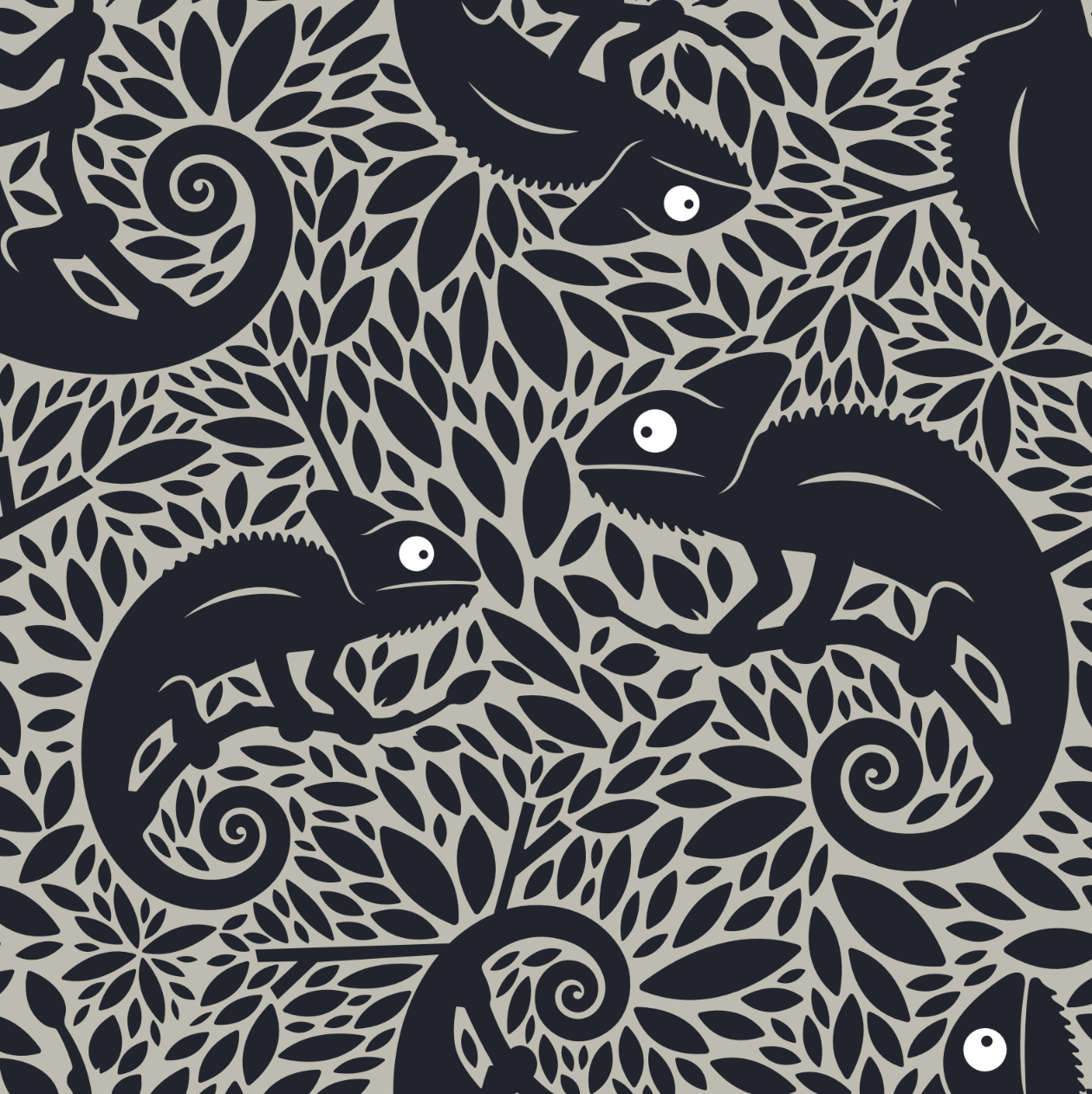 Pattern of black chameleons on a beige background