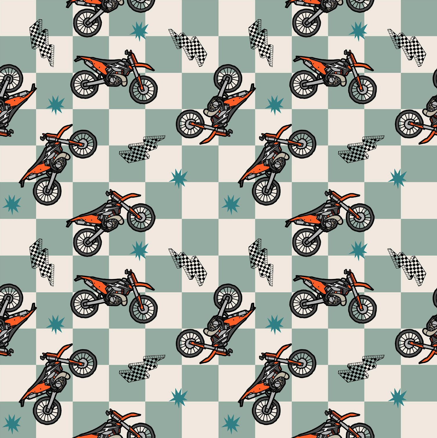 Pattern of dirt bikes on a checkered background