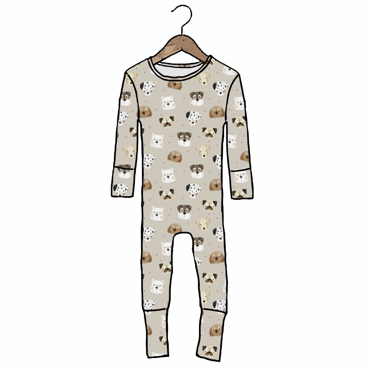 Children's onesie with animal pattern on a hanger against a white background