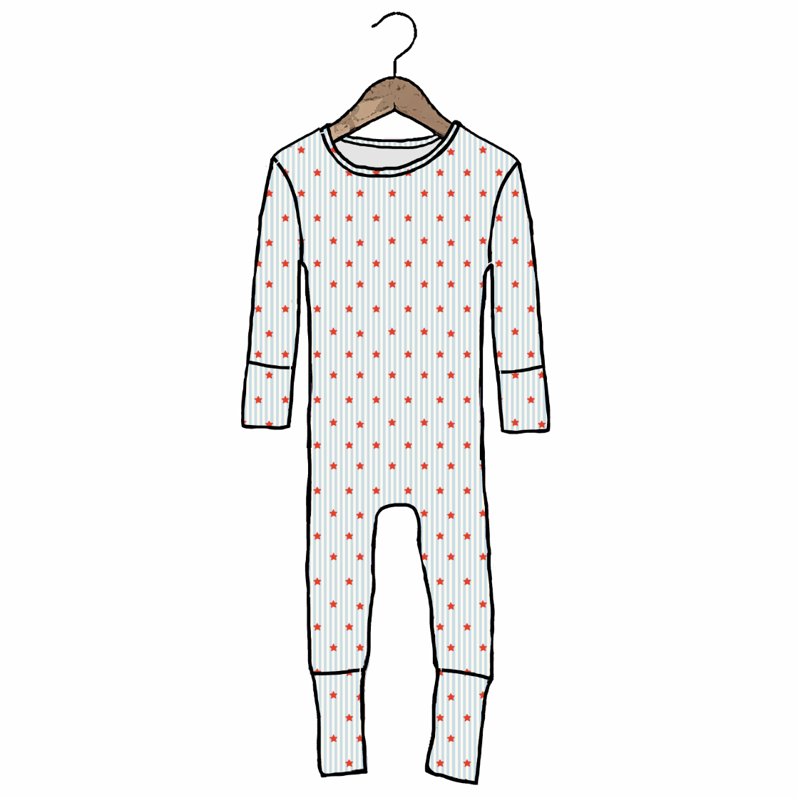Children's onesie with red polka dots on a hanger against a white background