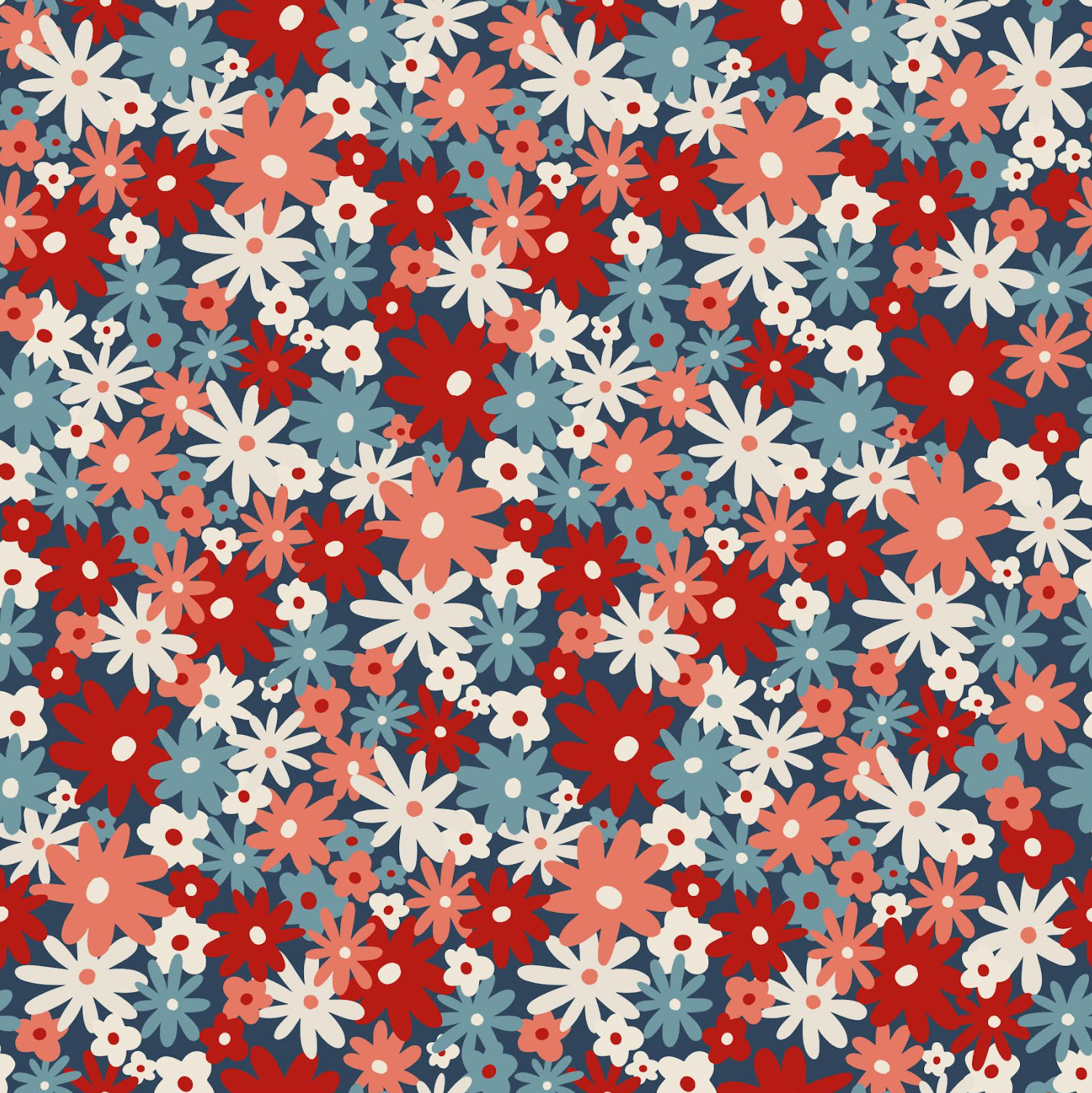 Pattern of red, white, and blue flowers on a blue background