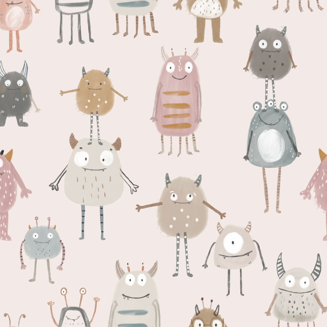 Pattern of cartoon monsters on a light pink background