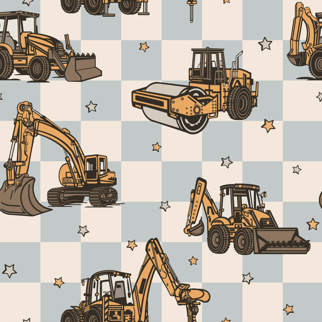 Pattern of construction vehicles on a checkered background with stars.