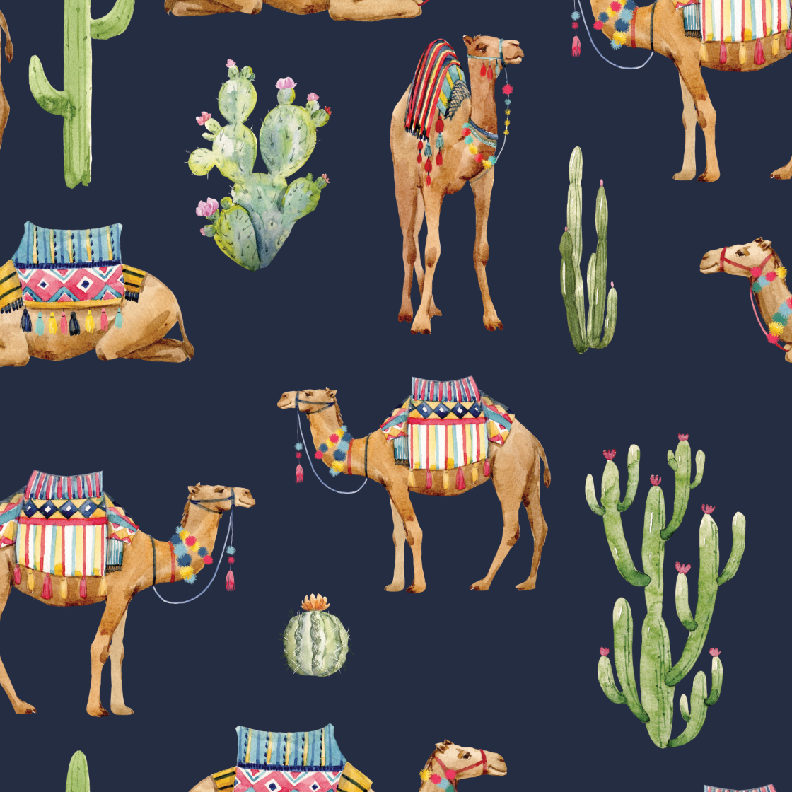 Pattern of camels and cacti on a dark blue background