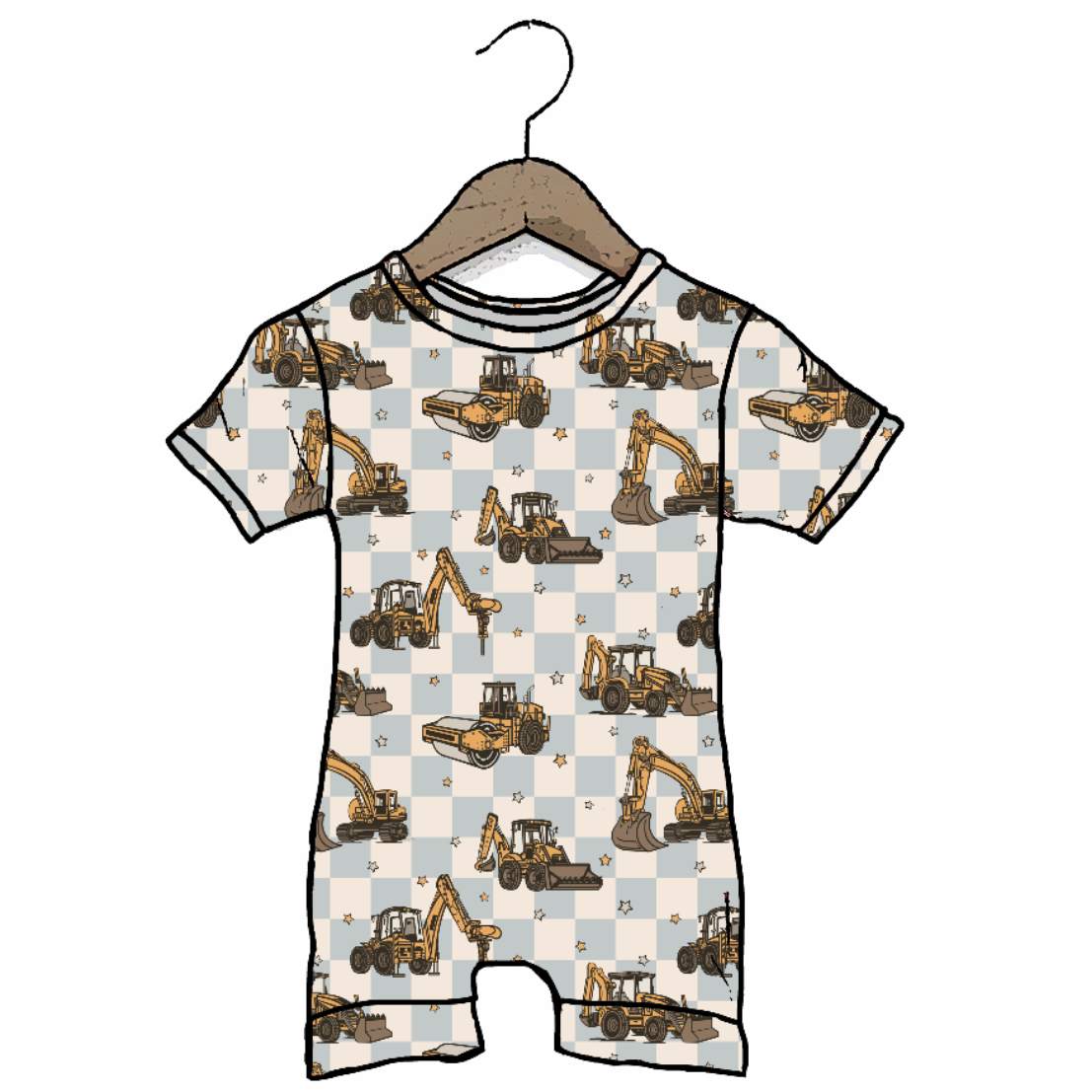 Children's romper with excavator pattern on a hanger against a white background