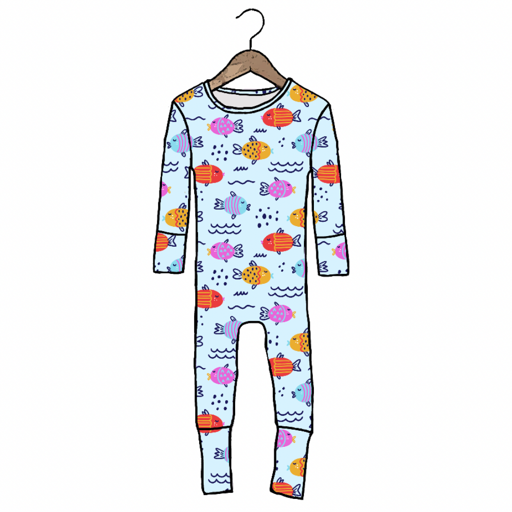 Children's onesie with fish pattern on a hanger against a white background