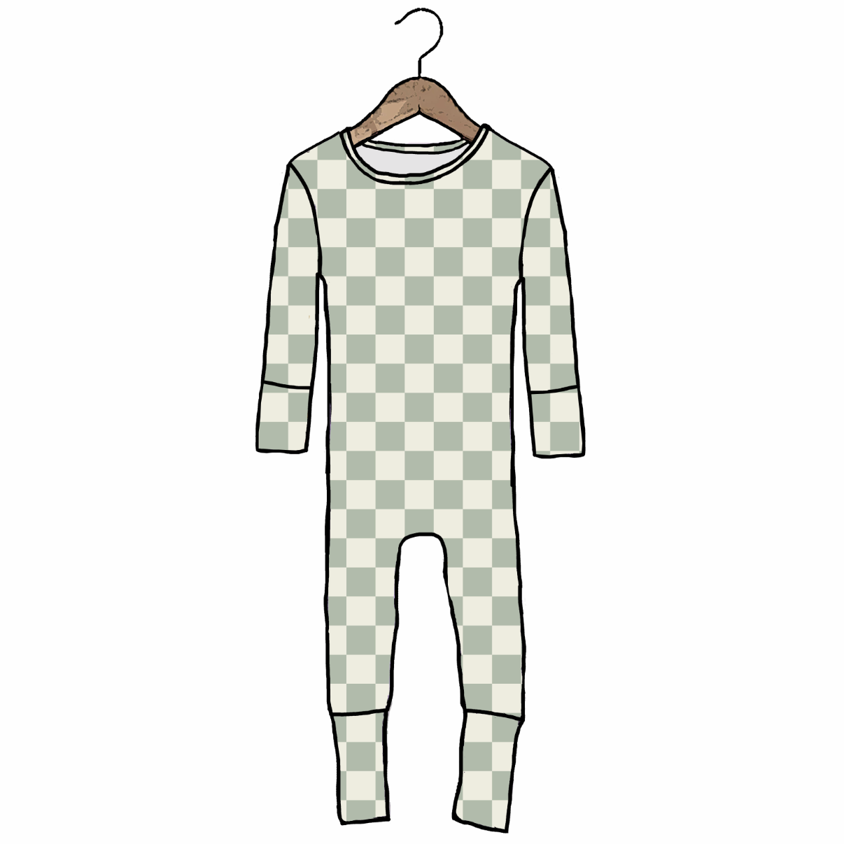 Checkered onesie on a hanger against a white background