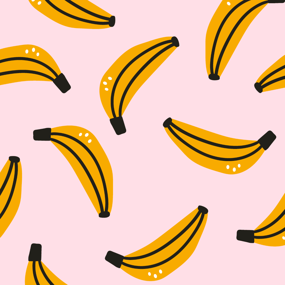 Pattern of yellow bananas with black stems on a pink background