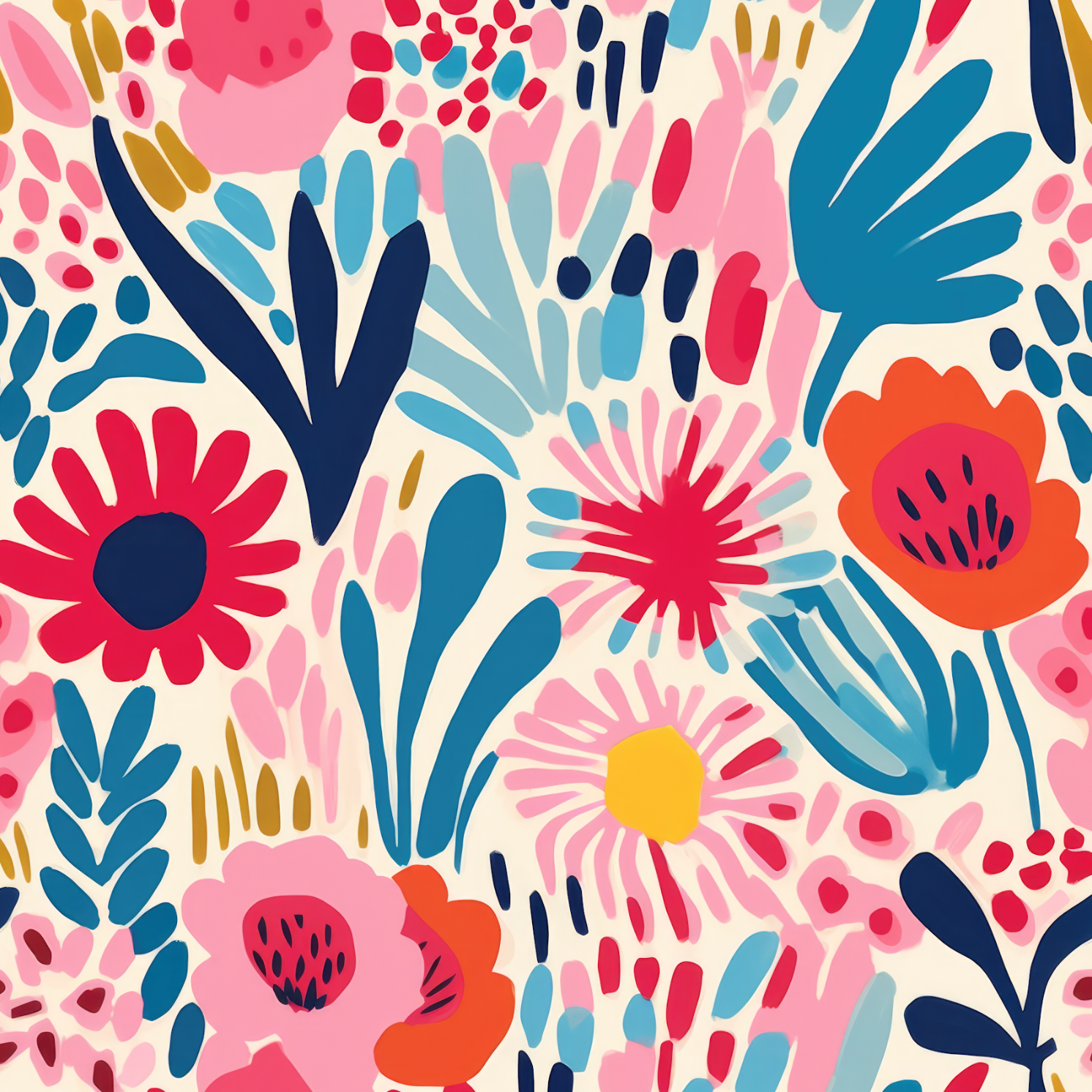 Colorful floral pattern with blue, pink, red, and orange flowers on a light background