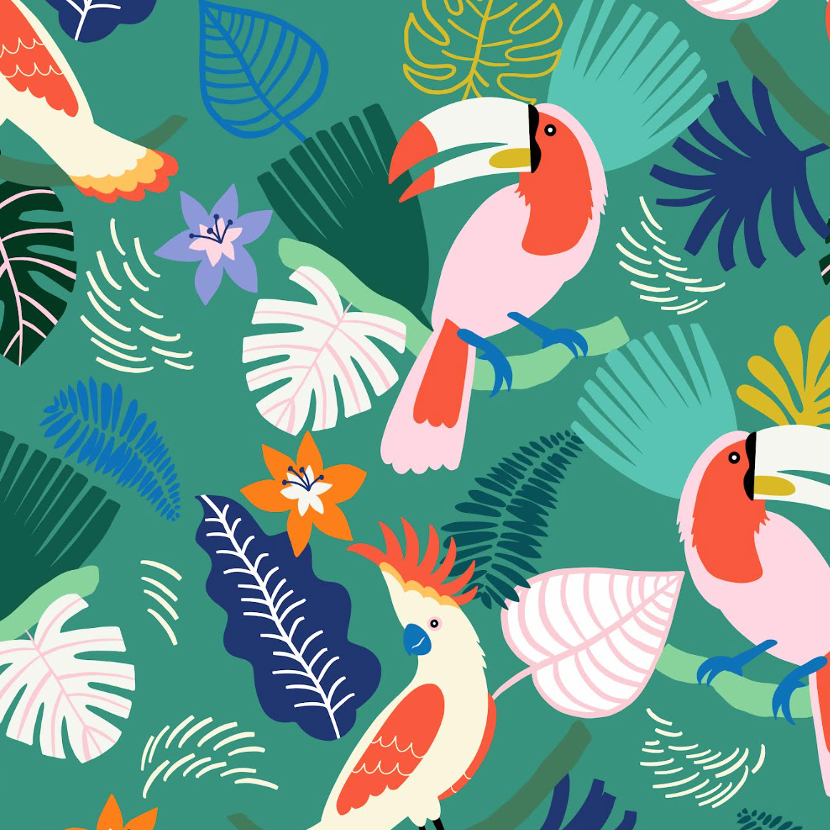 Tropical pattern with toucans, parrots, and leaves on a green background