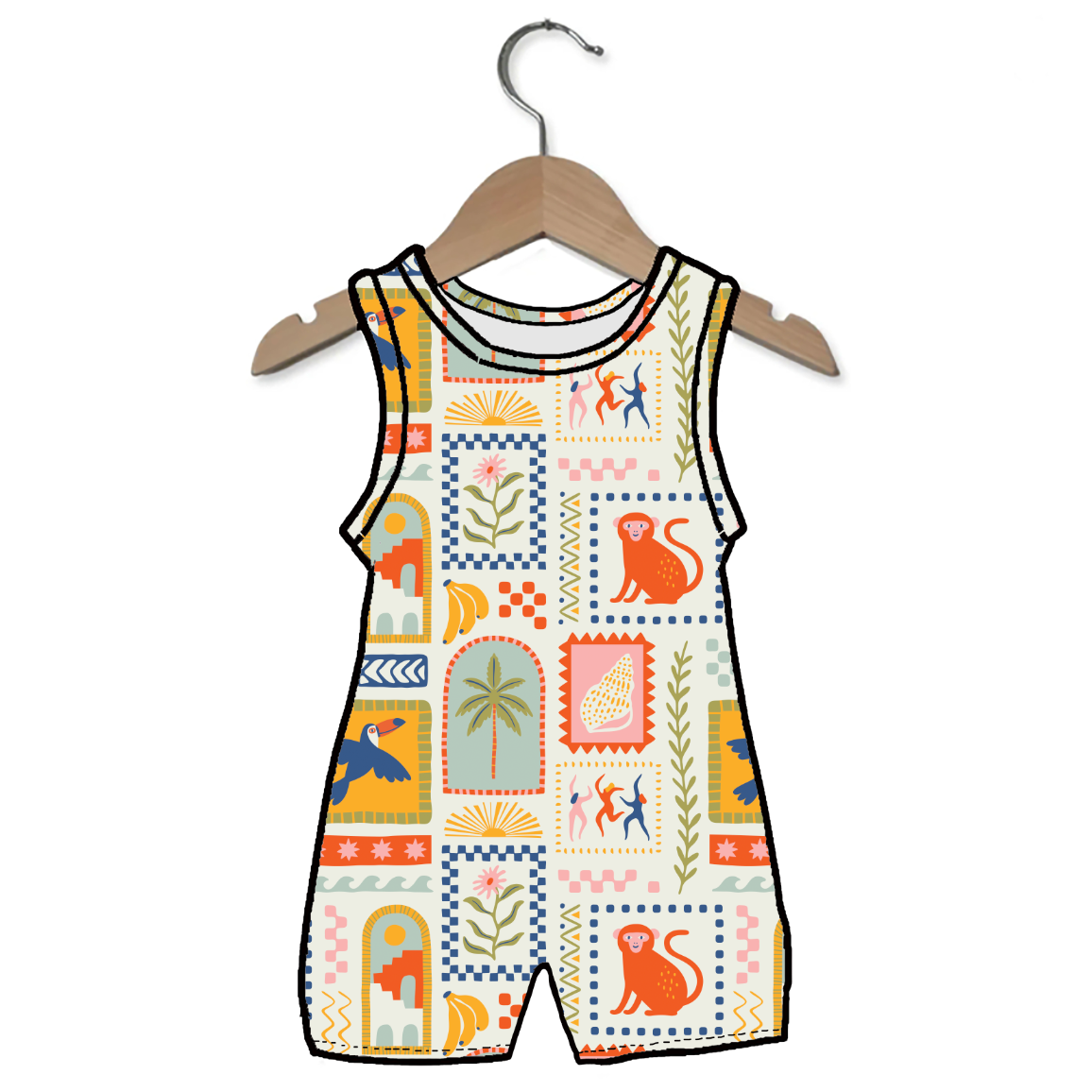 Colorful children's romper with patterns on a hanger against a white background
