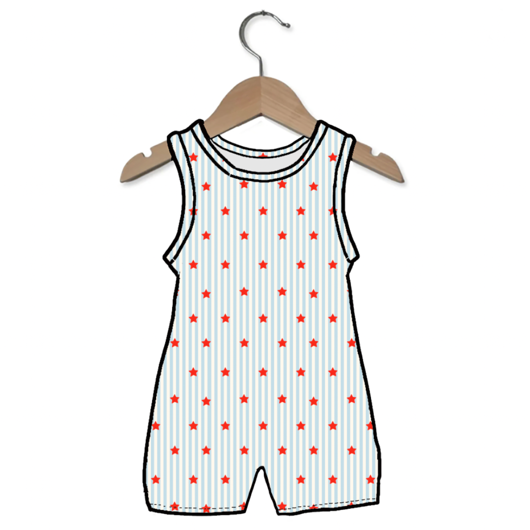 Baby romper with red star pattern on a hanger against a white background