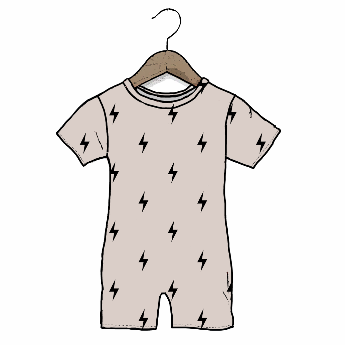 A short-sleeve baby romper in a light beige or taupe color, featuring a repeating black lightning bolt pattern. The romper is shown hanging on a brown wooden hanger against a plain white background.