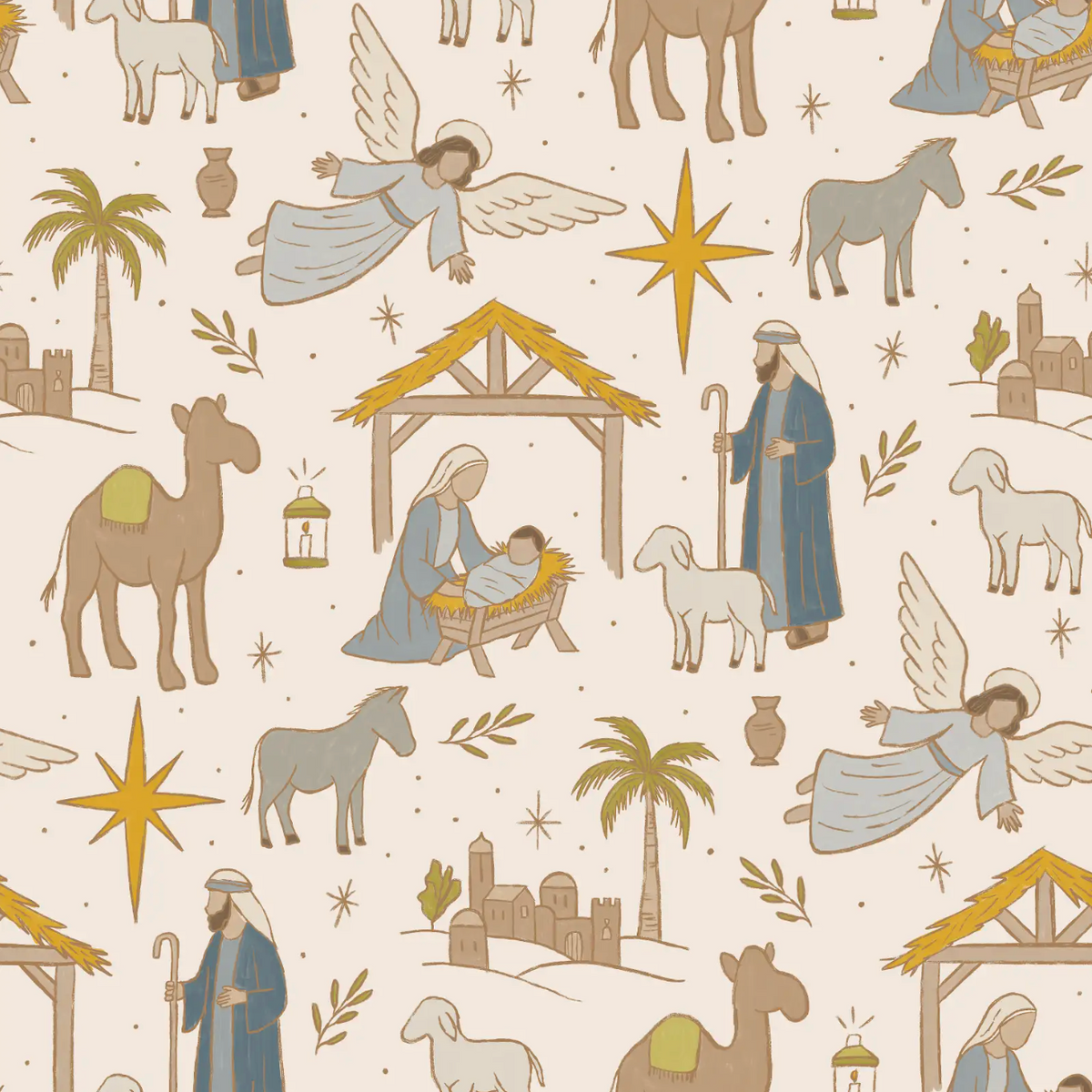 A repeating illustrated pattern featuring a nativity scene with angels, Mary, Joseph, baby Jesus in a stable, camels, donkeys, sheep, palm trees, stars, and small architectural details on a warm cream background.