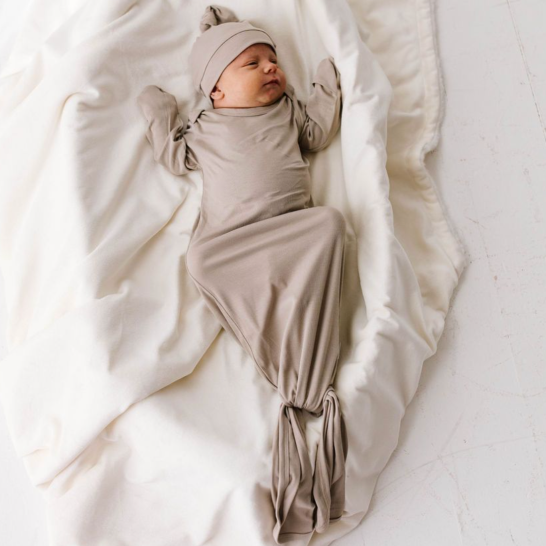 Taupe of the Morning Mini Ribbed Knotted Gown & Beanie