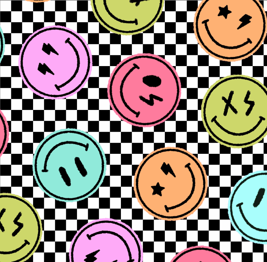 Pattern of colorful smiley face icons on a black and white checkered background