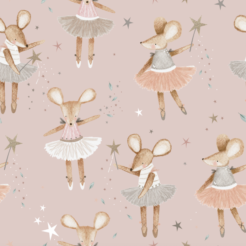 Pattern of ballerina mice in tutus on a light pink background with stars.