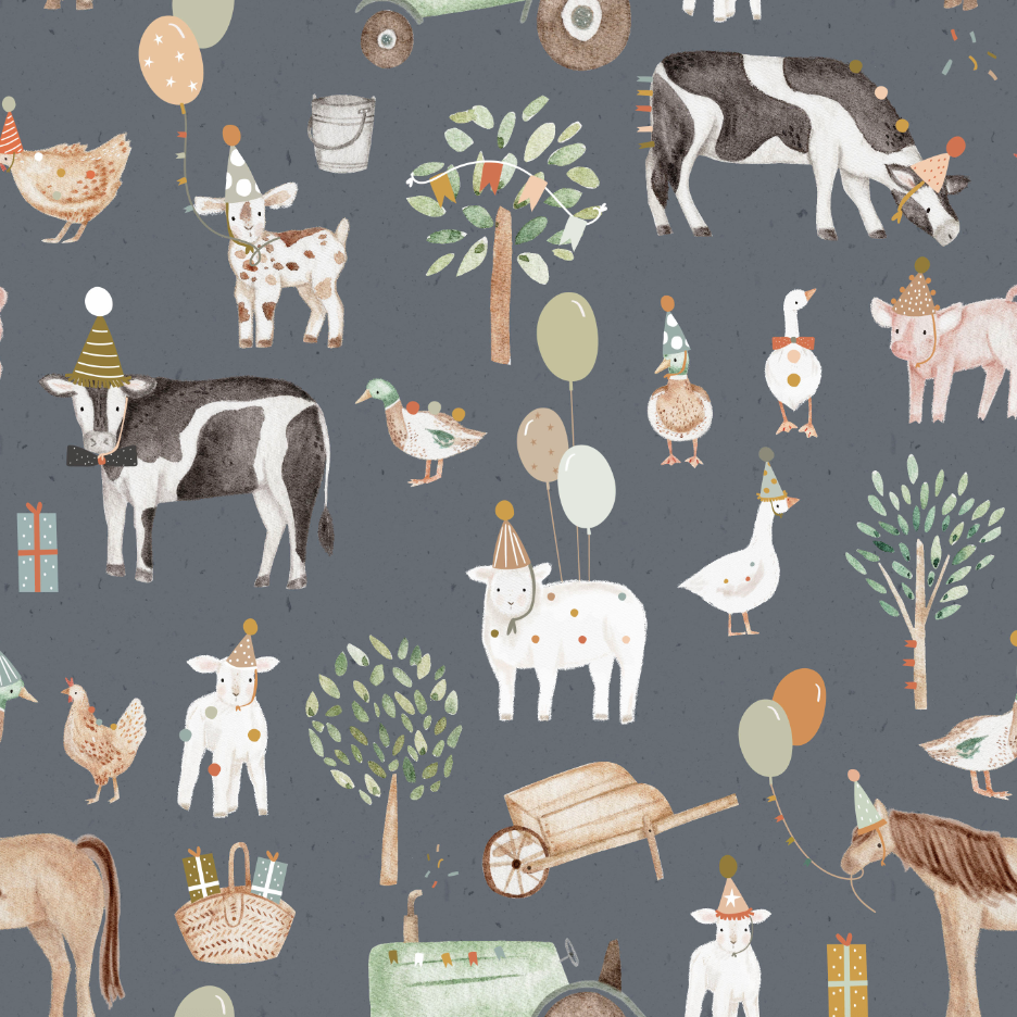 Pattern of farm animals and objects on a dark gray background