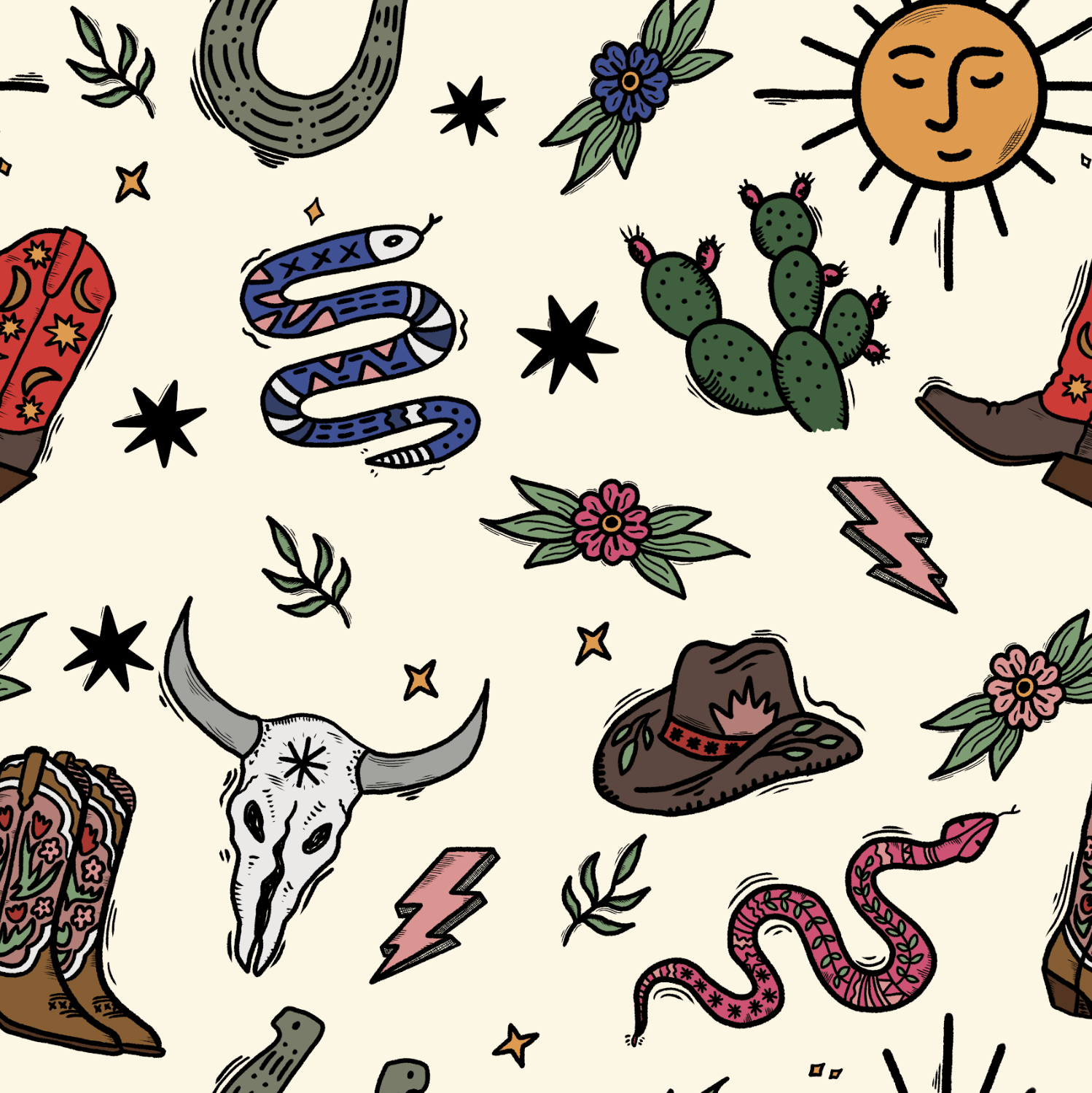 Pattern of cowboy boots, snakes, cacti, and hats on a beige background