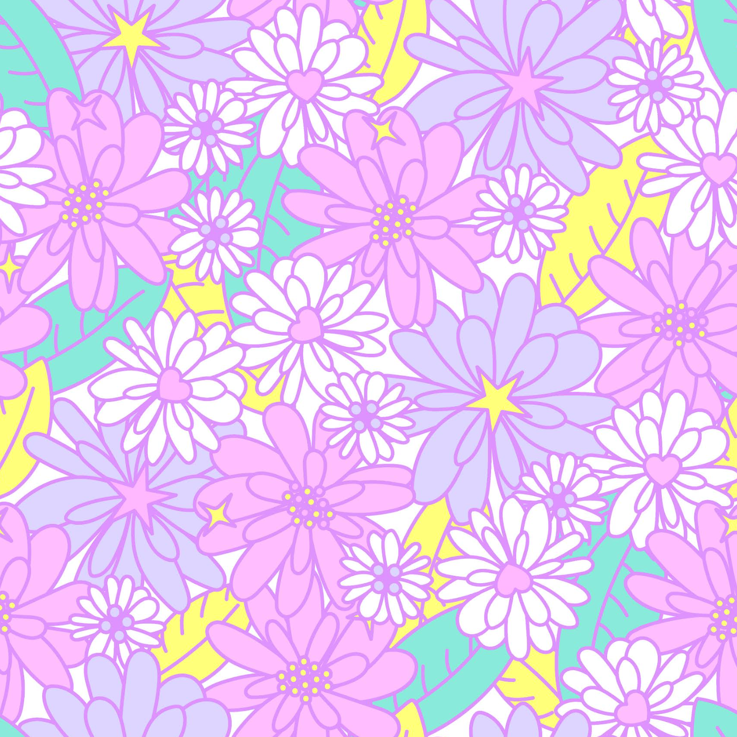Pattern of colorful flowers with purple, white, and yellow colors on a multicolored background.