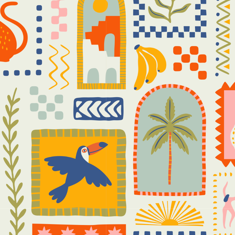 Colorful pattern with geometric shapes, a toucan, palm tree, and other elements on a white background.
