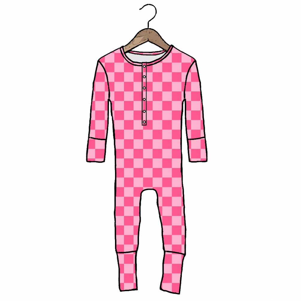 Pink checkered onesie on a hanger against a white background