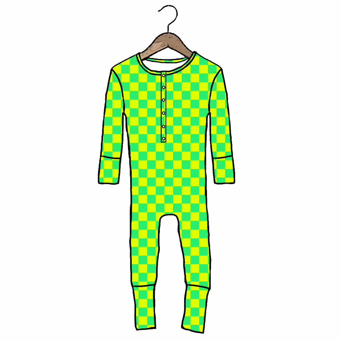 Green and yellow checkered onesie on a hanger against a white background