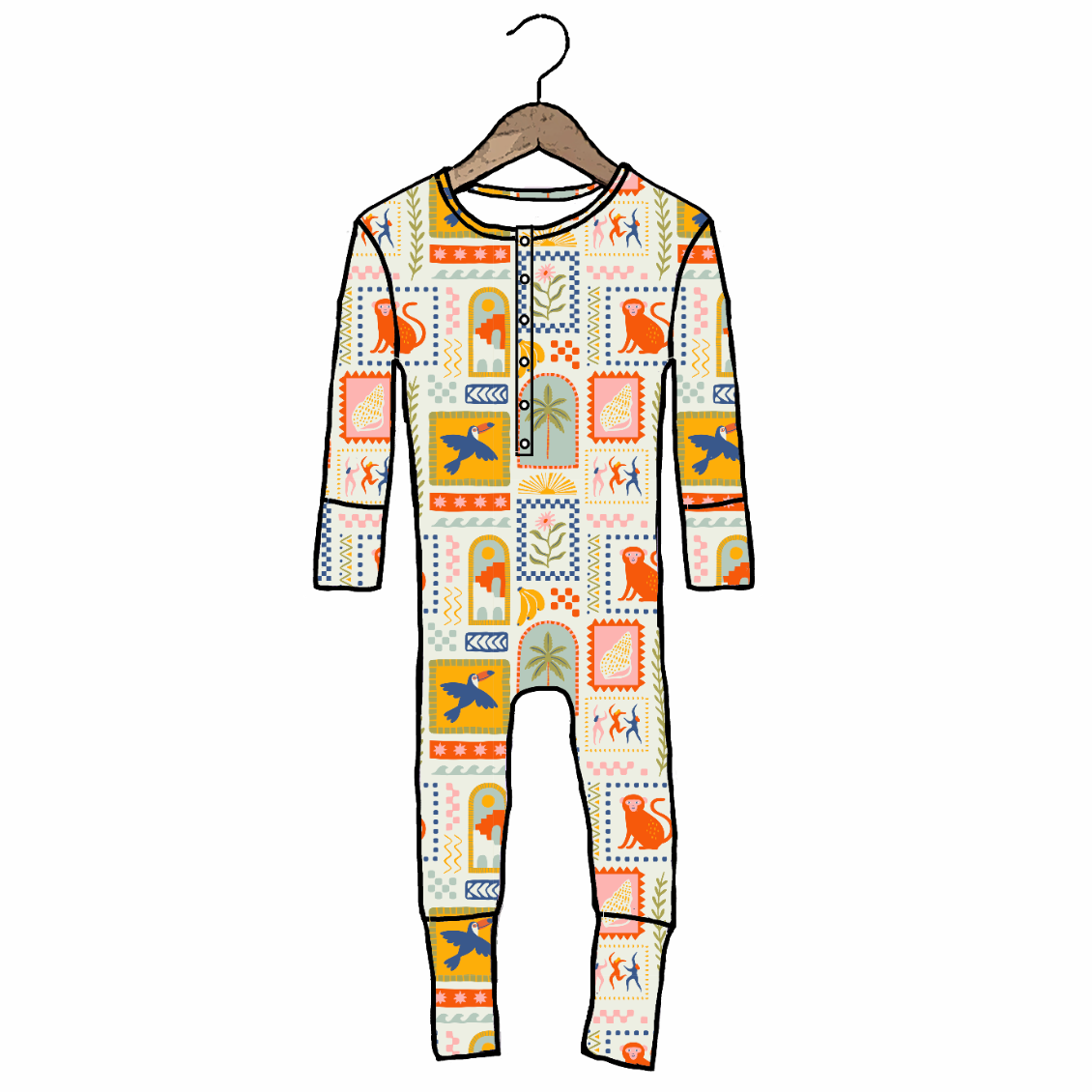 Colorful patterned onesie on a hanger against a white background