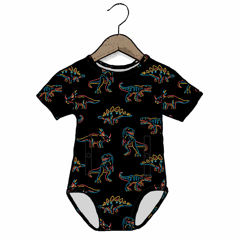 Black baby onesie with colorful dinosaur pattern on a hanger against a white background