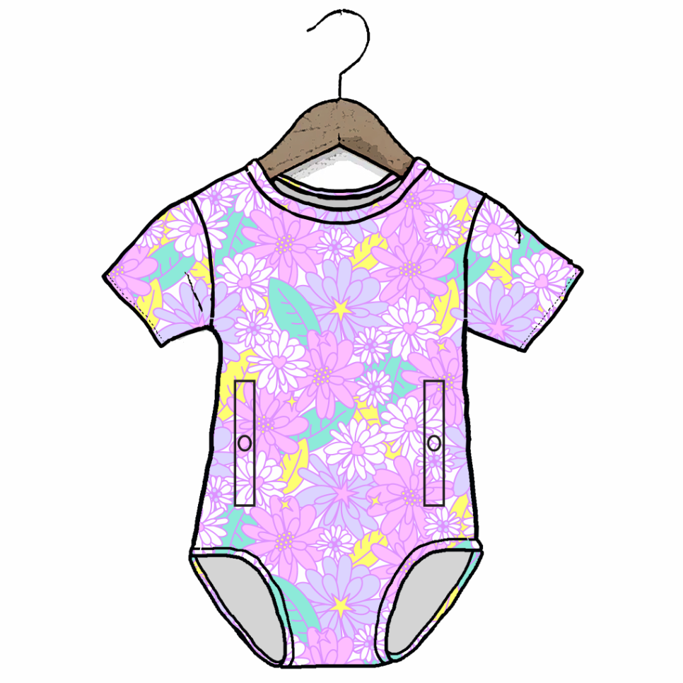 Floral-patterned baby onesie on a hanger against a white background