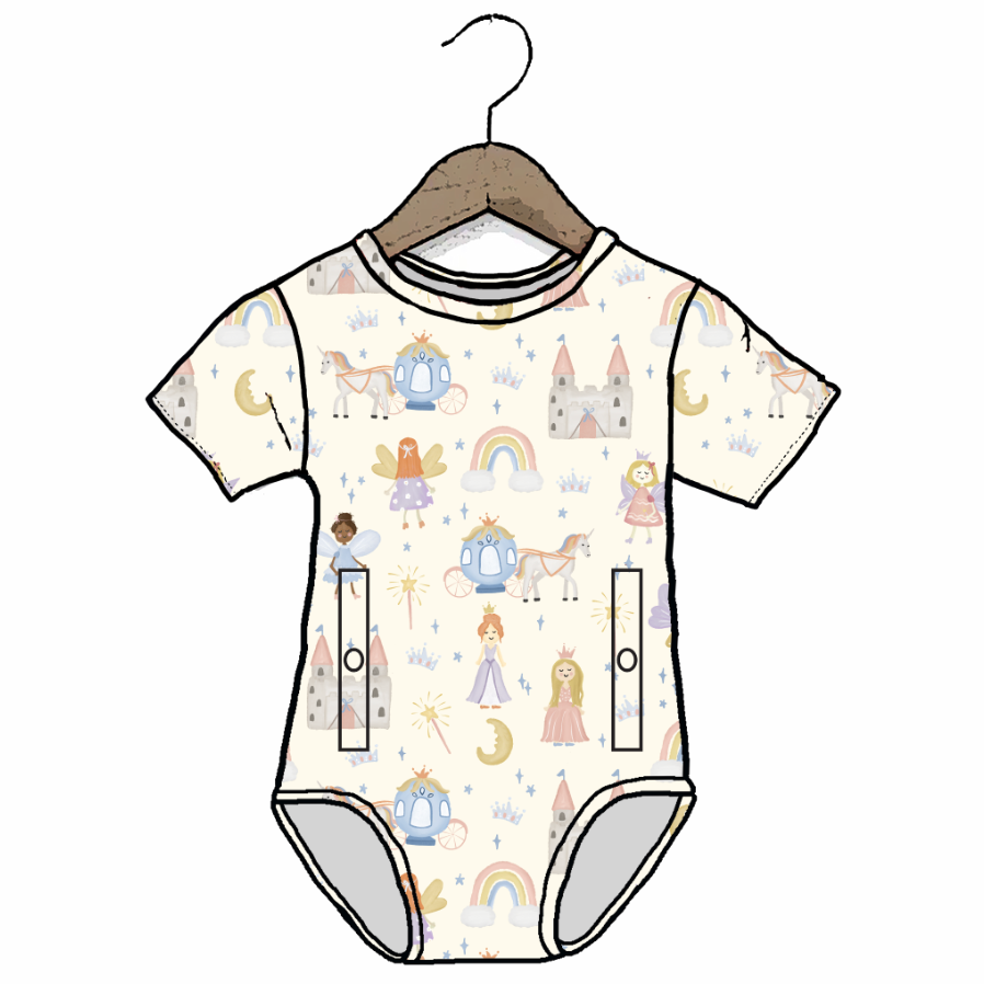 Baby onesie with fairy tale pattern on a hanger against a white background