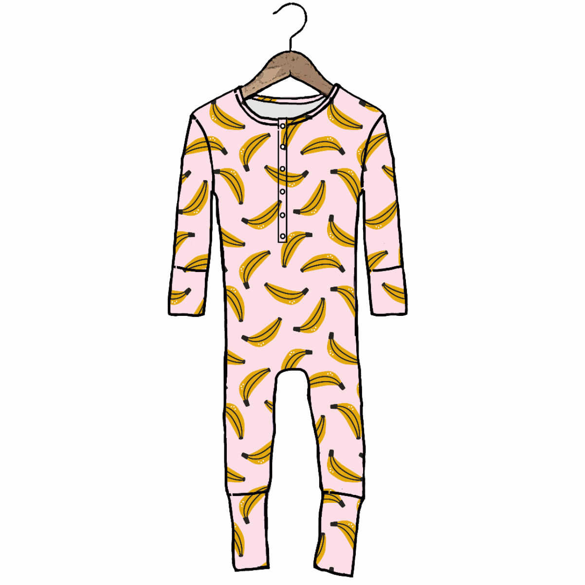 Pink onesie with banana pattern on a hanger against a white background